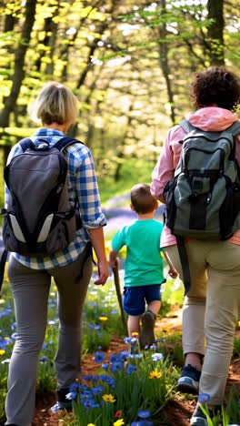 family hiking adventure in spring forest