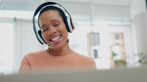 remote work, laptop or black woman in headphones