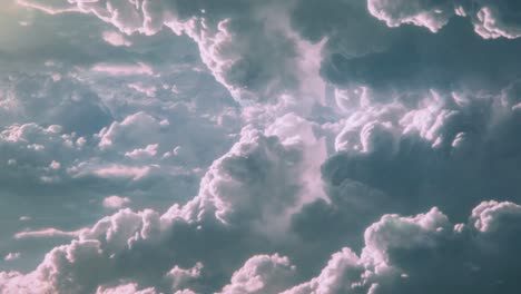 point of view, thick cumulus clouds moving across the blue sky