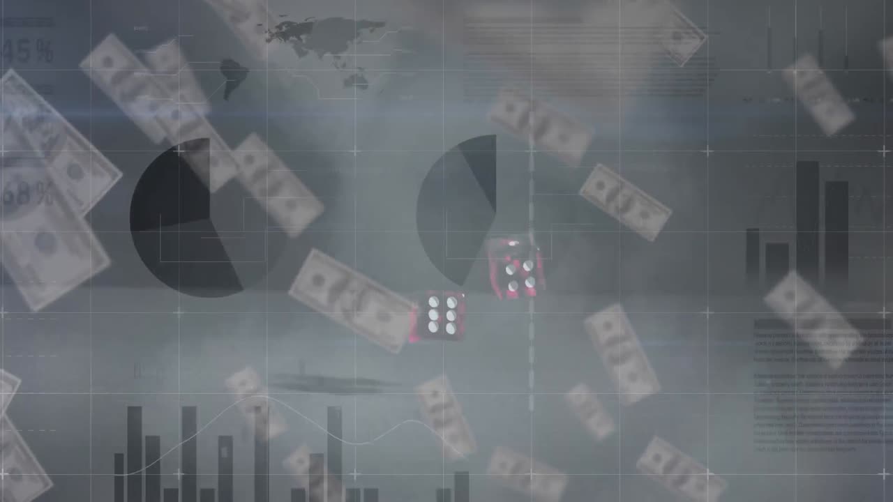 두 개의 주사위와 배경에 있는 미국 달러 지폐에 대한 금융 데이터 처리 애니메이션