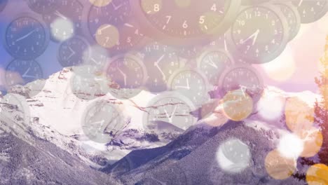 snowy mountain with background of clocks and bokeh lights