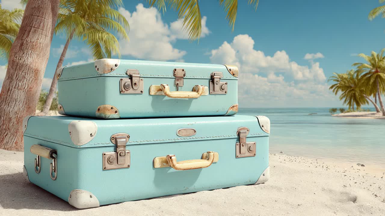 Due valigie da viaggio vintage appoggiate sulla sabbia di una spiaggia serena, circondate da palme tropicali sotto un cielo azzurro