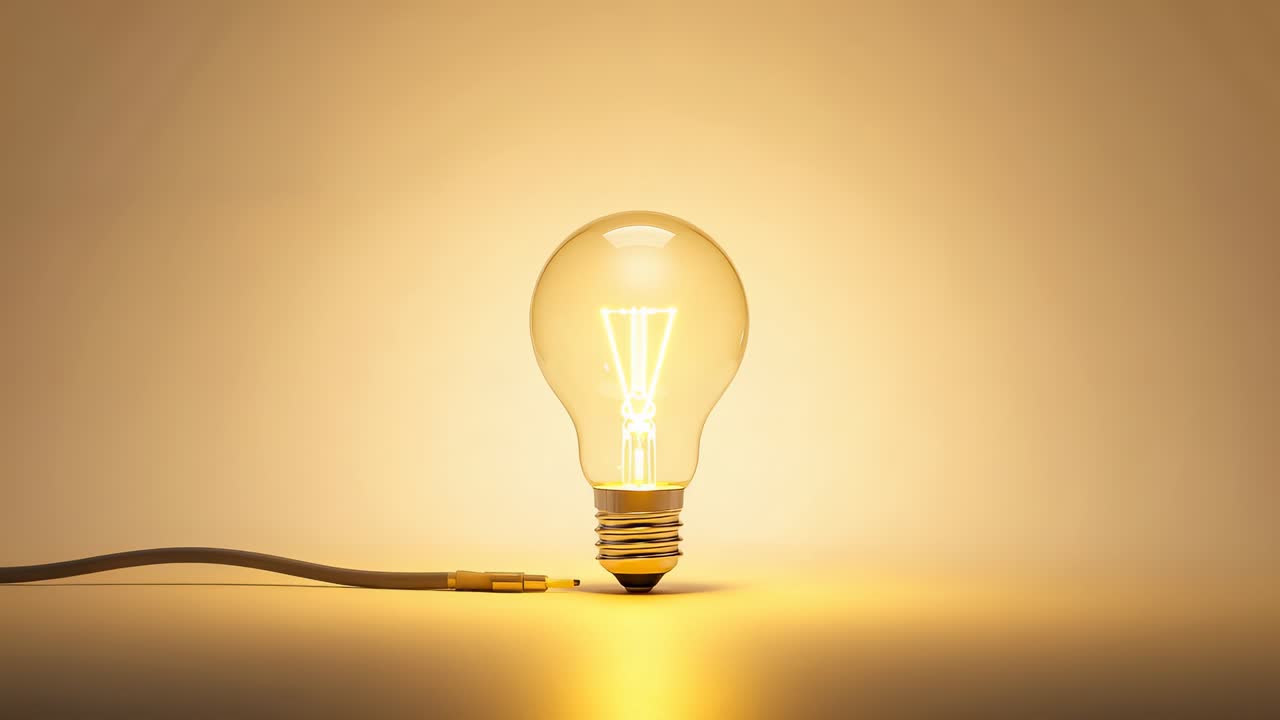 Flowing current igniting filament in incandescent bulb casting warm glow on table, studio with cord