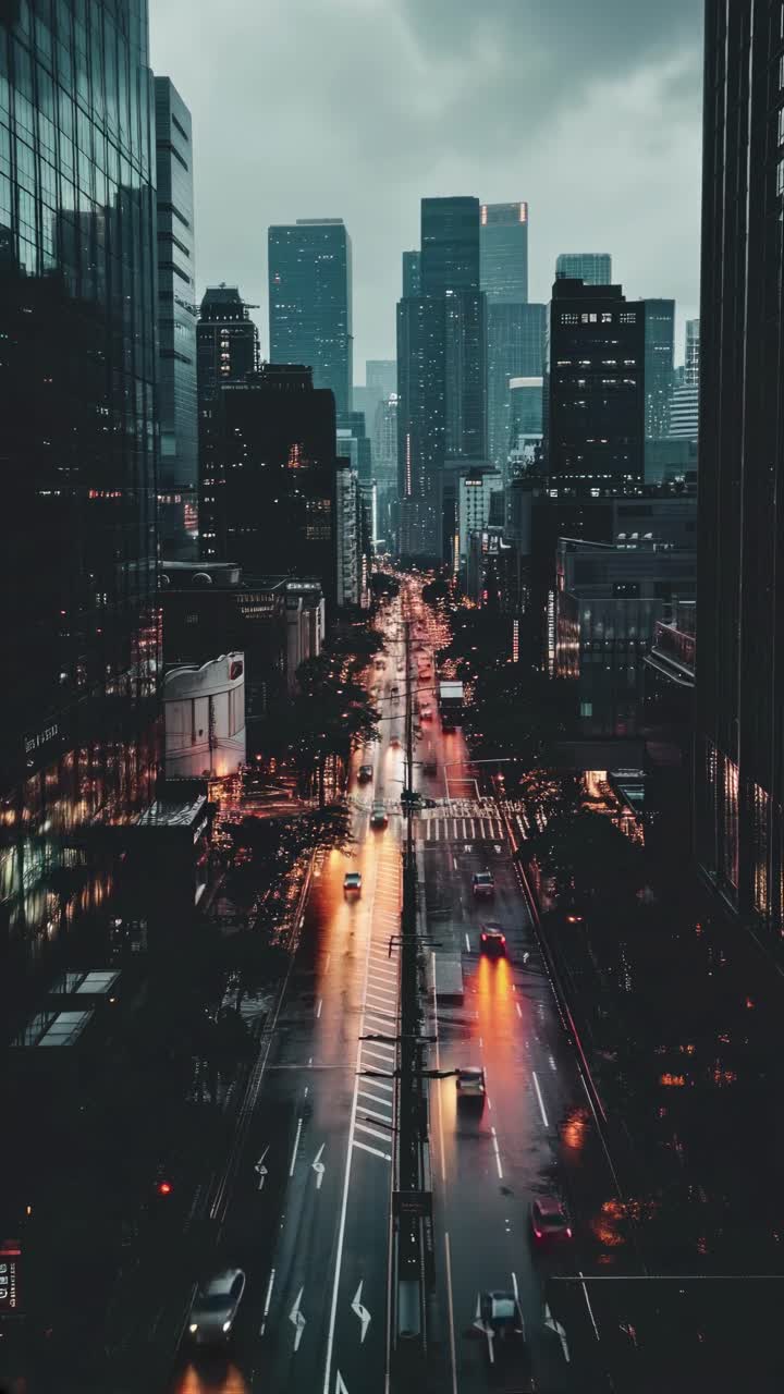 Vista aérea de una calle de la ciudad al anochecer, que muestra un ambiente urbano melancólico