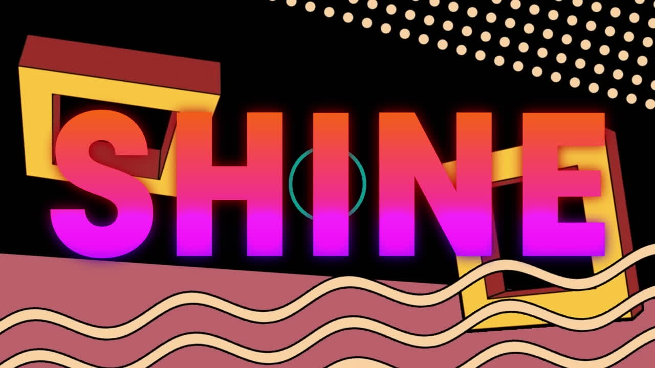 검은 바탕에 추상적인 다채로운 모양 위에 그라디언트 반이는 텍스트 배너의 애니메이션