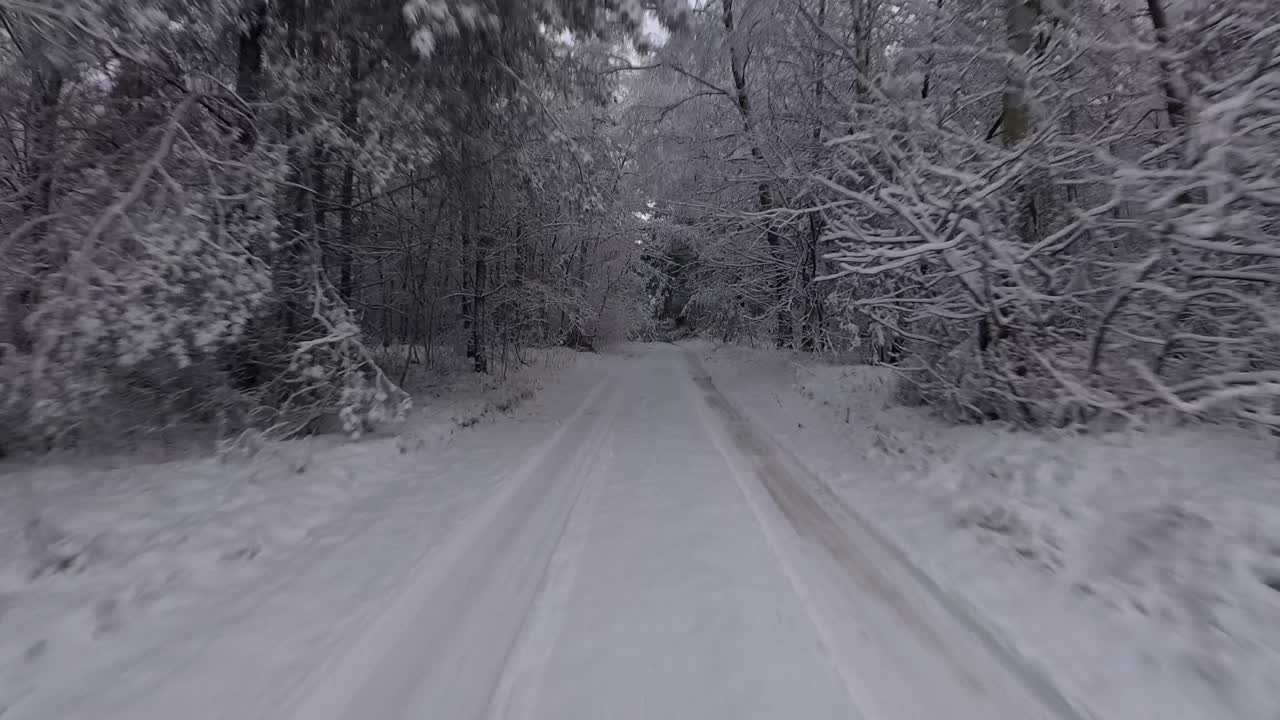 Front-mounted camera shows a slow-motion drive along a narrow road lined with dense trees covered in deep winter snow