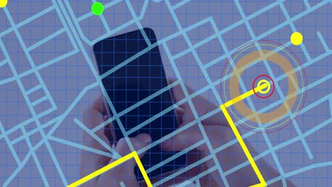 Navigation map line scheme against close up of a person&#039;s hand using a smartphone