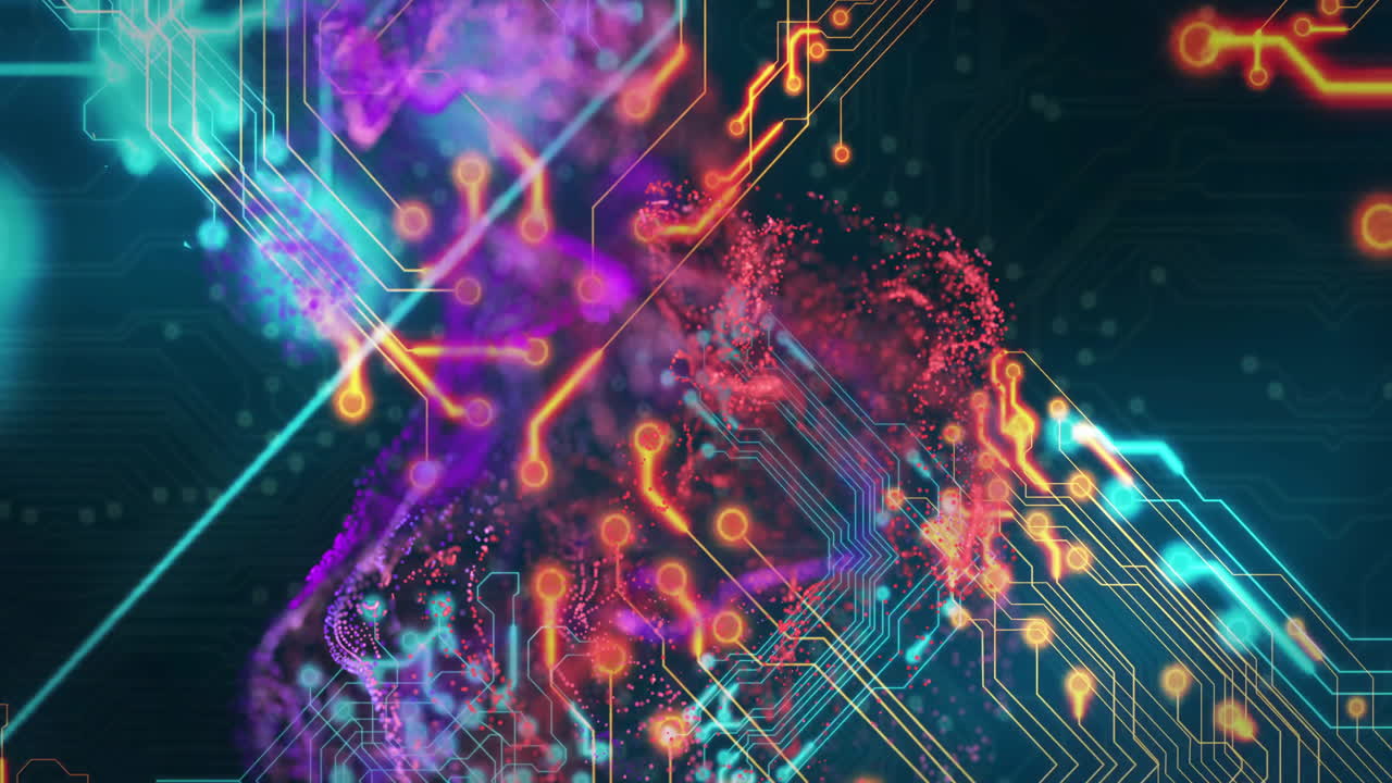 cabeza humana digital y placa de circuitos, animación de inteligencia artificial