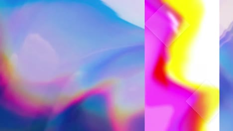 animation of pink and yellow forms on white vertical screen, over undulating pink, yellow and blue