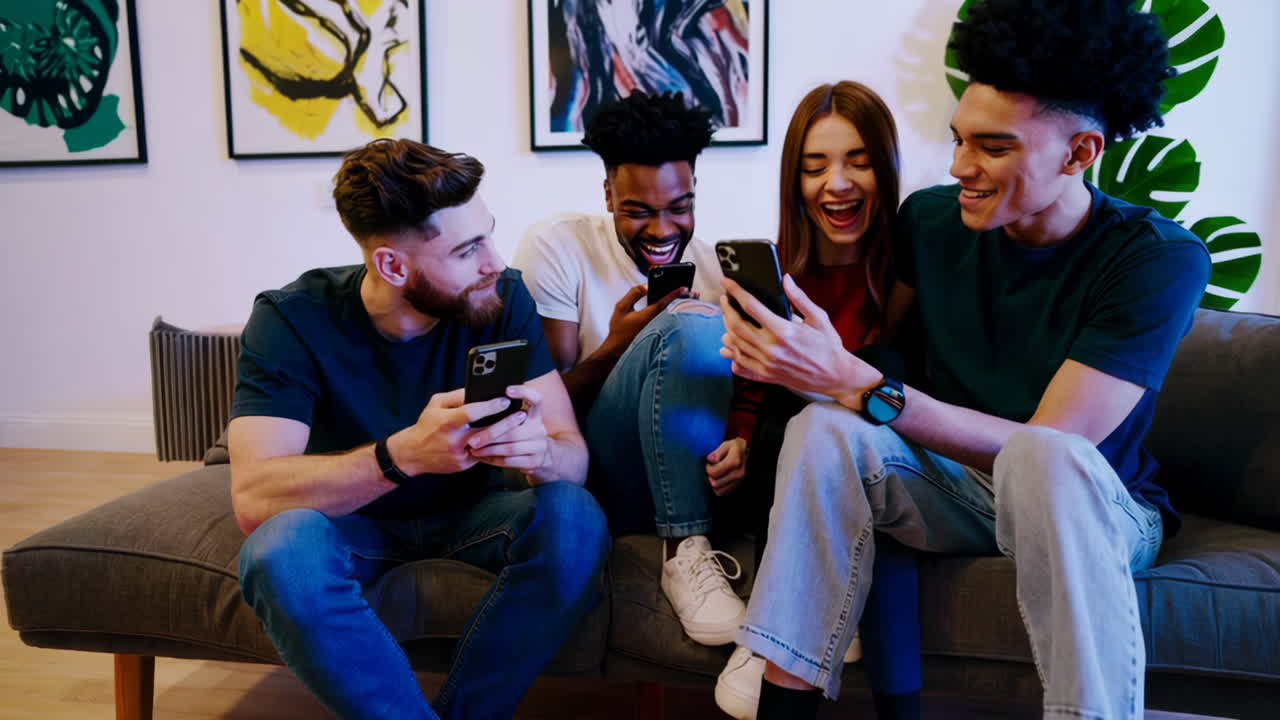 Friends enjoying content on smartphones together