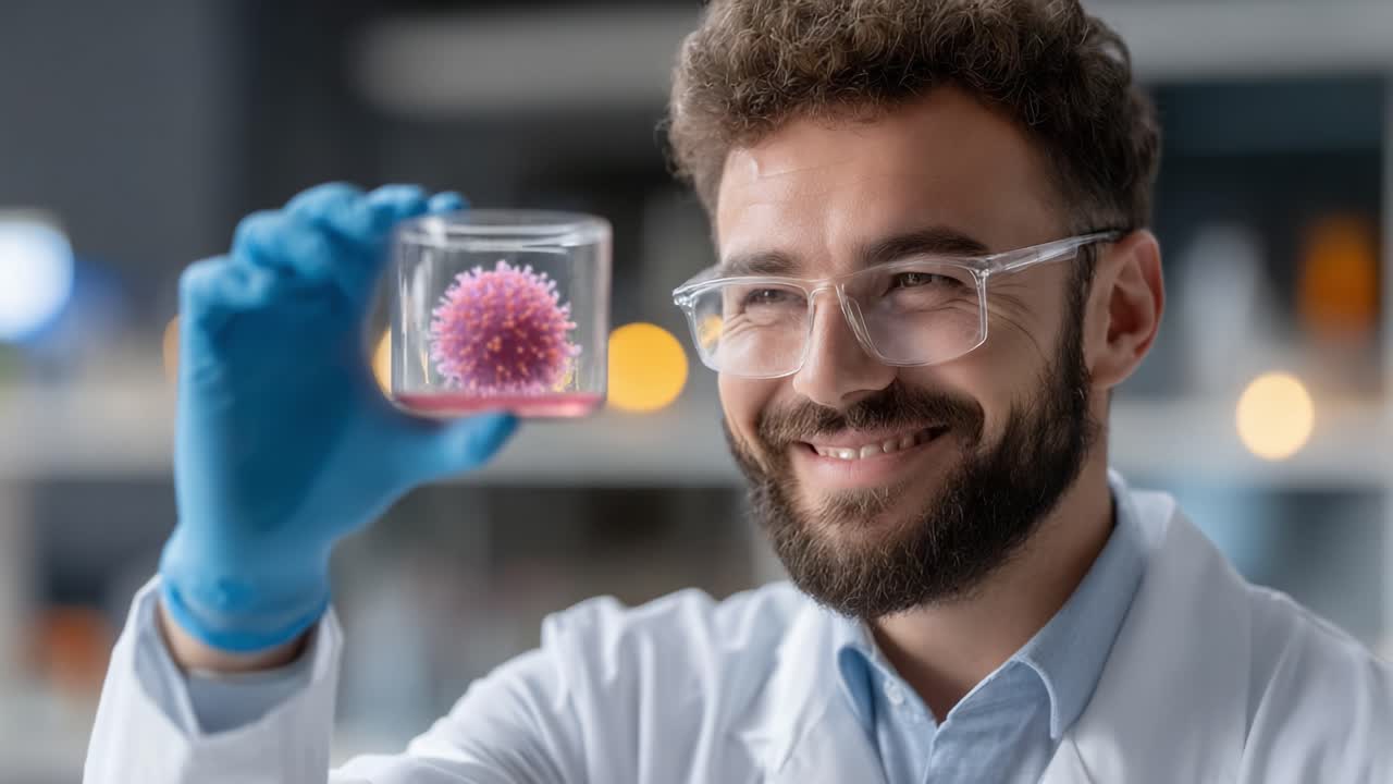 A joyful researcher showcasing a petri dish containing a vibrant pink microorganism, symbolizing groundbreaking scientific discoveries and advancements in microbiology