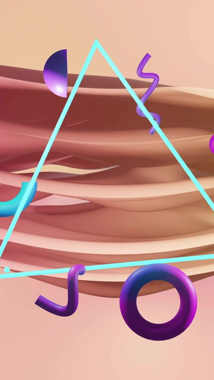 Animation of abstract shapes moving over waving multi coloured background