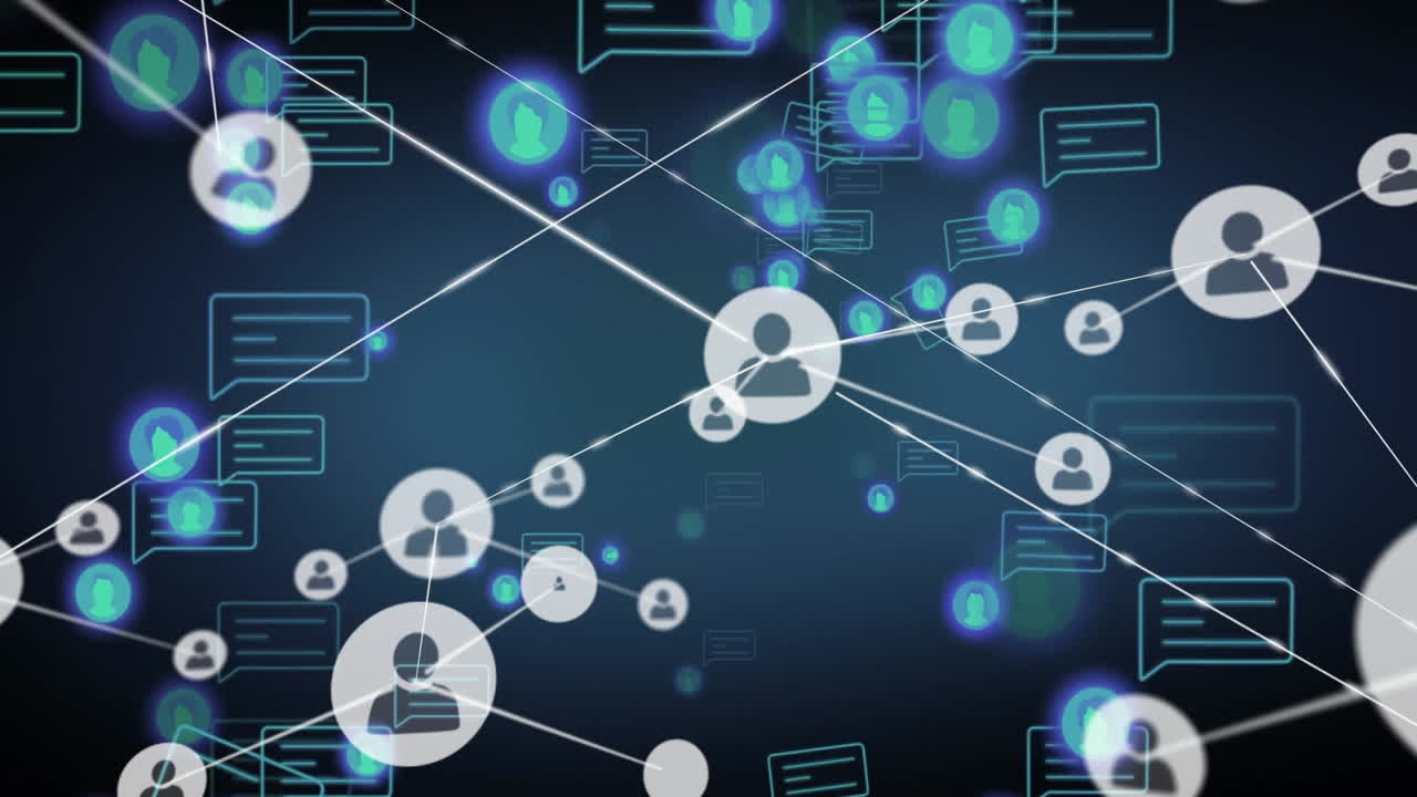 Data processing and network connections animation over digital communication icons