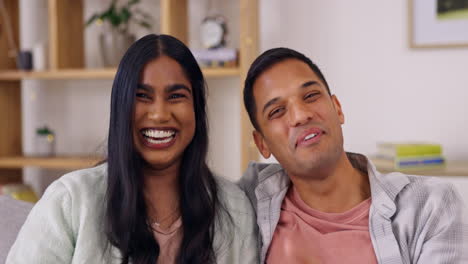 Happy-couple,-face-and-wave-on-video-call-in-home