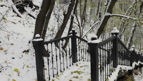 pathway through yellowing trees in cold autumn day with snow and sunlight