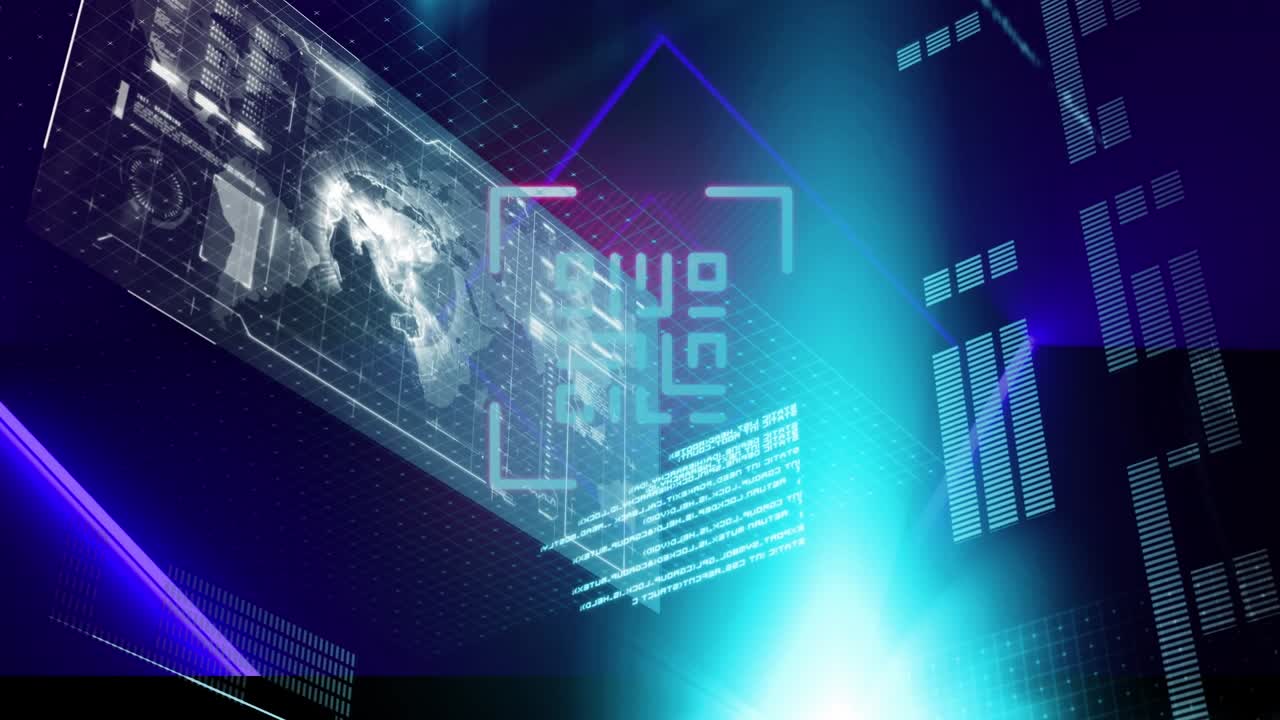 Animation of digital rotating globe with graphs over glowing beam lights