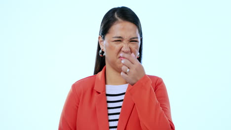 Bad-smell,-woman-and-holding-nose-for-smelly