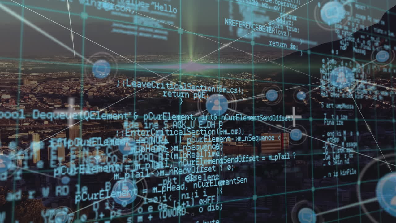 Animation of network of connections and data processing over cityscape