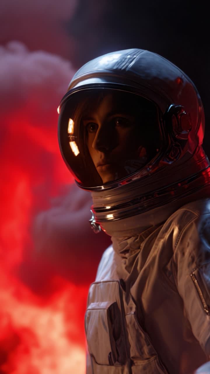 Un astronauta sta impassibile tra nuvole infuocate, catturando l'essenza dell'esplorazione spaziale e della resilienza umana contro le forze elementari della natura.