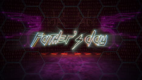 animation text fathers day and cyberpunk animation background with computer matrix numbers and grid 1