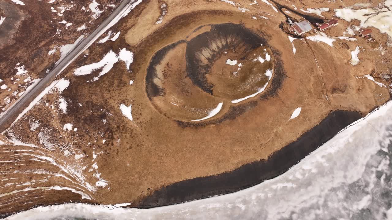 Pseudo Craters And Frozen Lake Mývatn In Iceland - Drone Shot