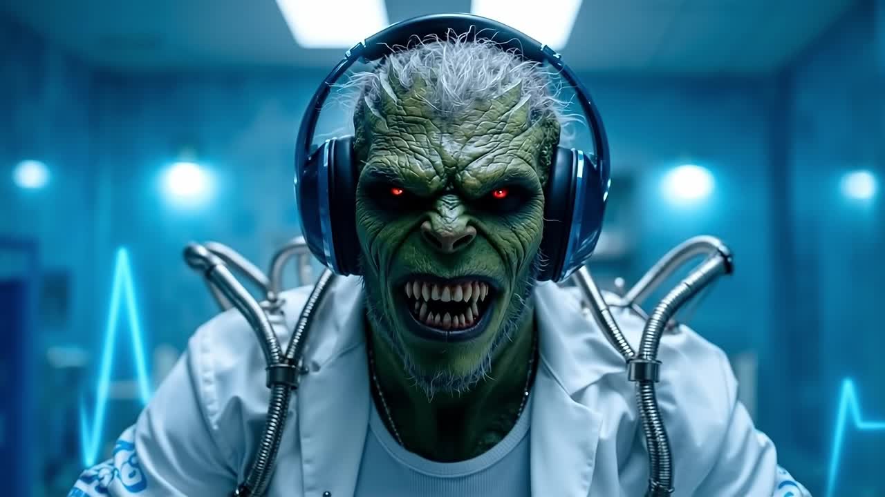 A man in a white lab coat with headphones on