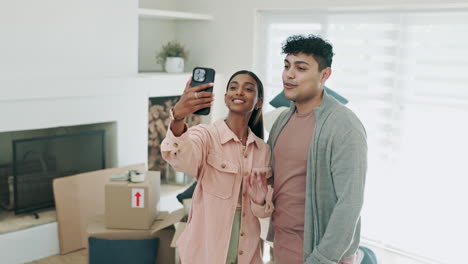 couple, video call and happy together in new home