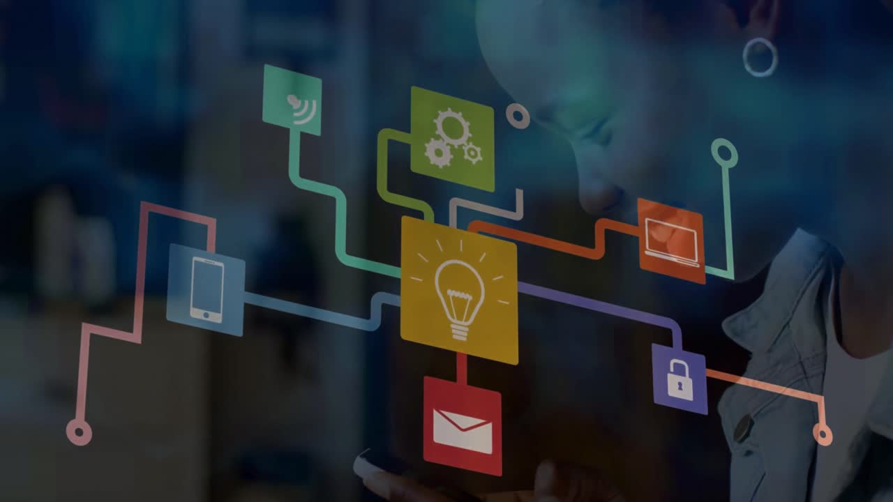 스마트폰을 사용하는 아프리카계 미국인 여성에 대한 아이콘과의 연결 네트워크의 애니메이션