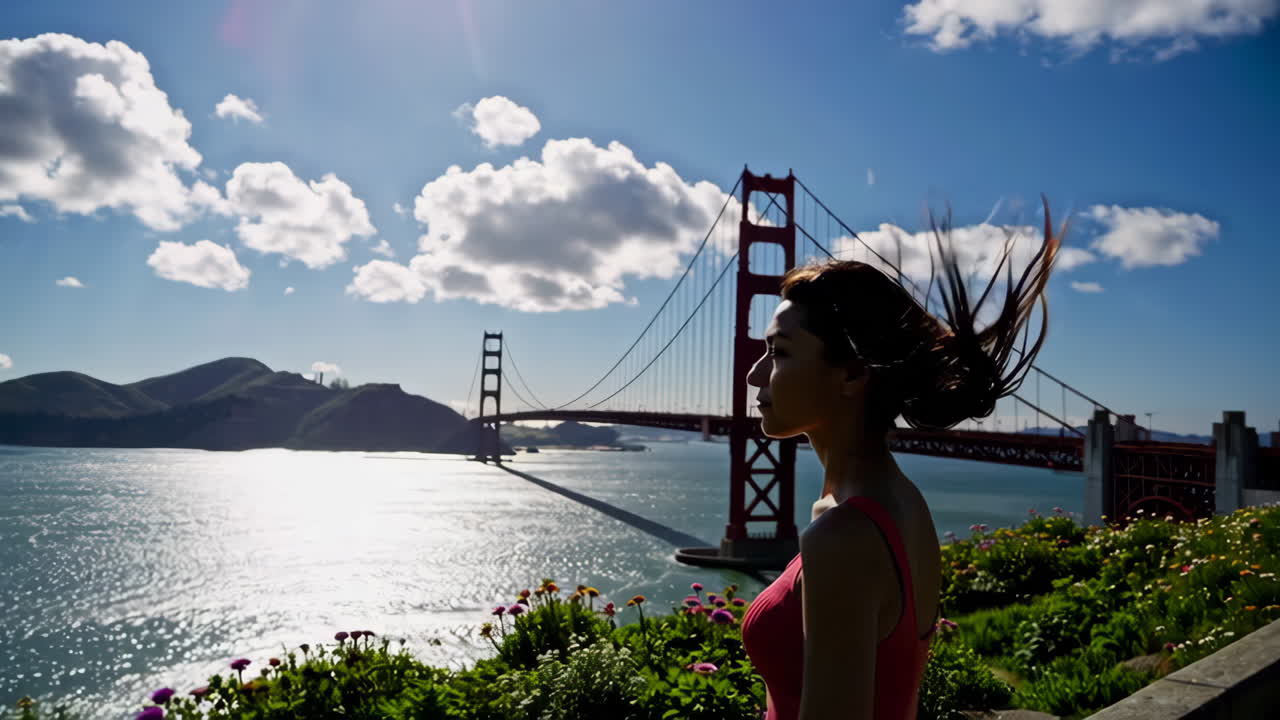 Woman with wind-blown hair overlooking the Golden Gate Bridge in San Francisco