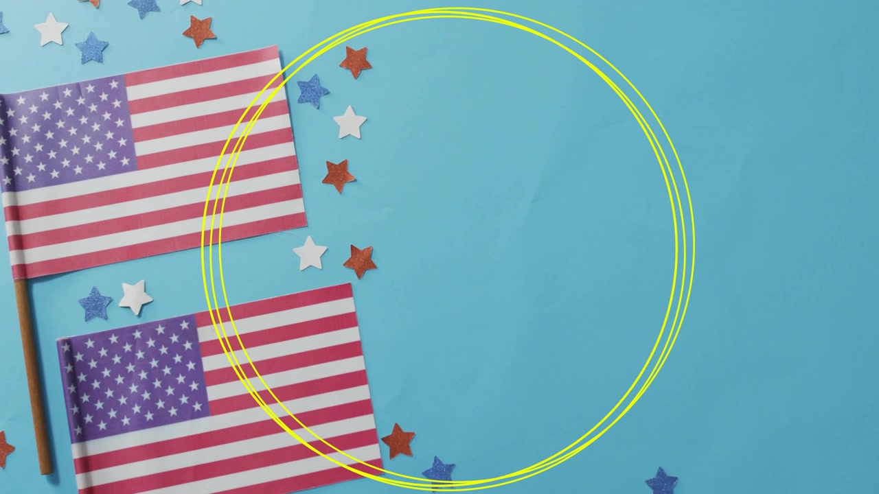 Yellow guideline starting neon rings forming and rotating beside US flags creating open circle area