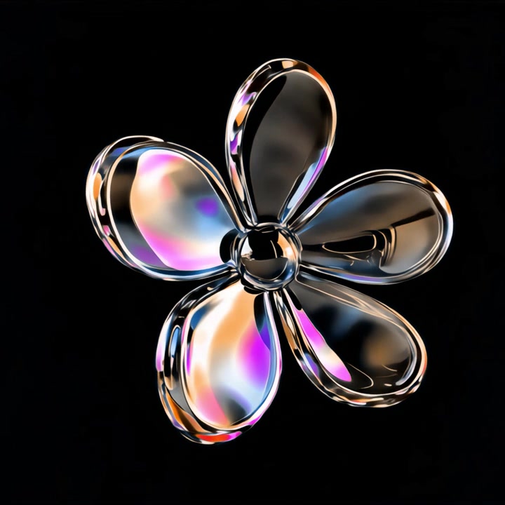 Abstract 3D Glass Flower Rotating on Black Background