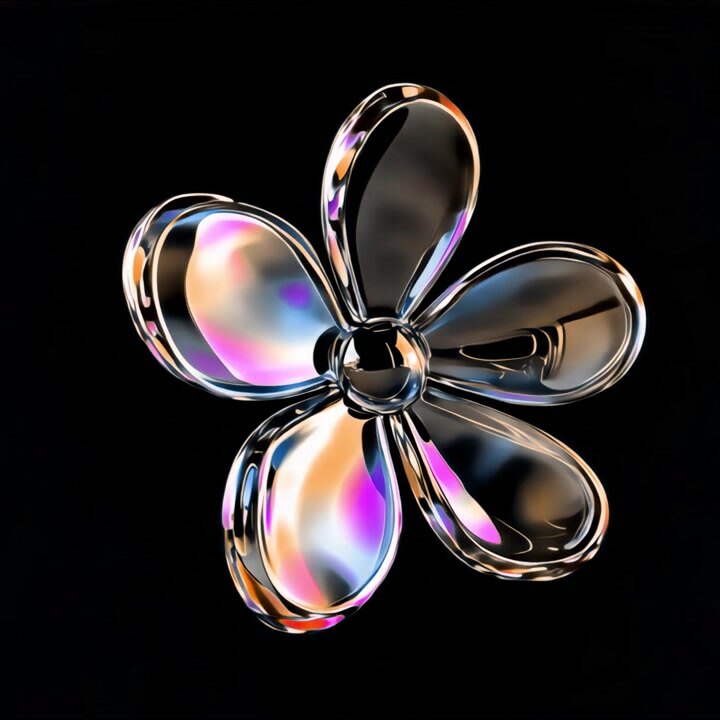 Abstract 3D Glass Flower Rotating on Black Background