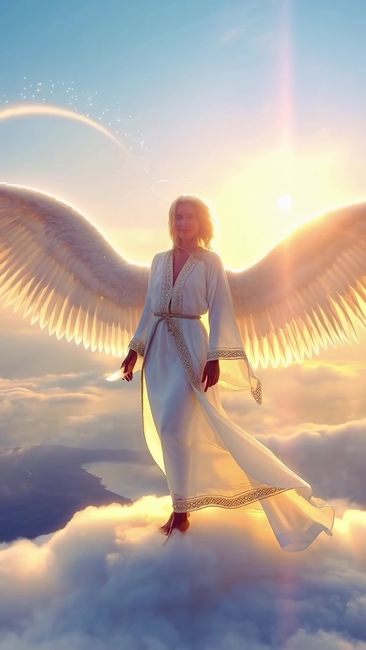 Majestic Angel with White Wings Standing on Clouds in Golden Light