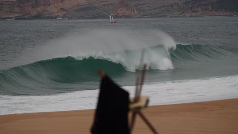 perfect empty wave with sailing boat on the background