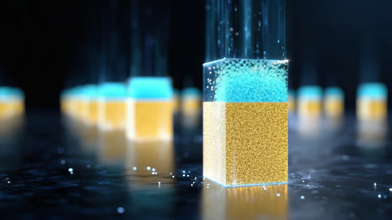 A mesmerizing display of shimmering blocks, transitioning from a glimmering blue hue to a radiant golden tone, exemplifying the beauty of abstract digital art