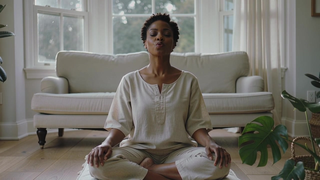 Breathing woman in beige outfit following guided breathwork on cushions at home, earphones on