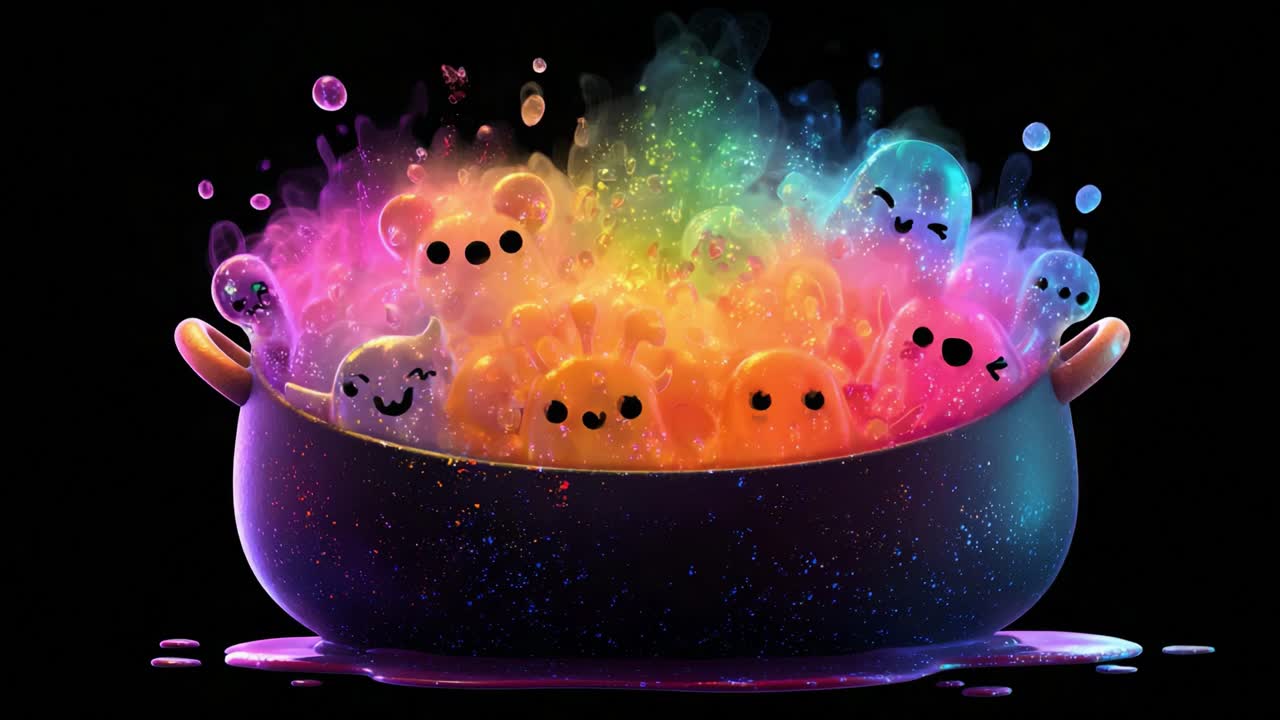 A Vibrant Cauldron of Colorful Creatures: Whimsical Spirits Rising in a Glowing Mix of Rainbow-Hued Bubbles and Playful Shapes, Emitting Magical Vibes