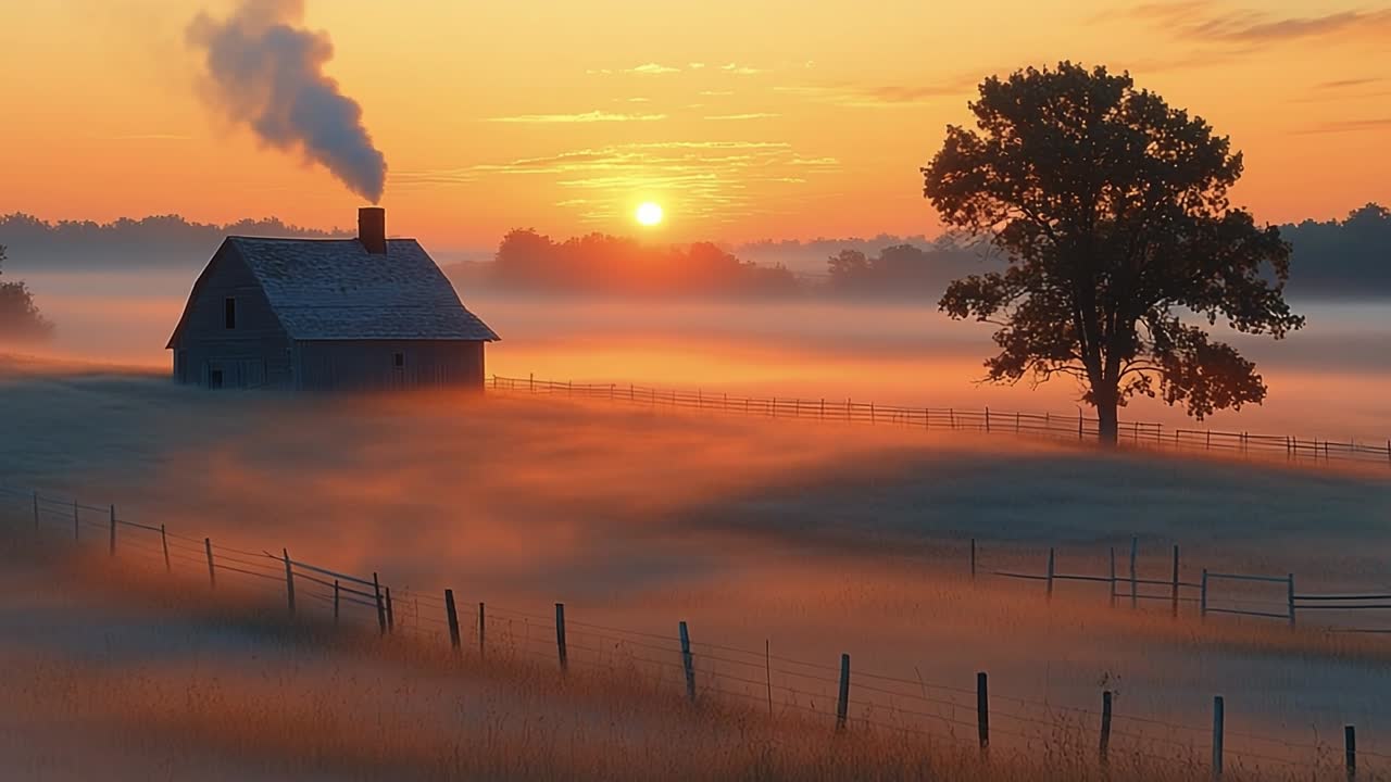 Sunrise over a tranquil countryside home. A cozy house is silhouetted against a vibrant sunrise, with mist hovering over the fields and trees surrounding it.