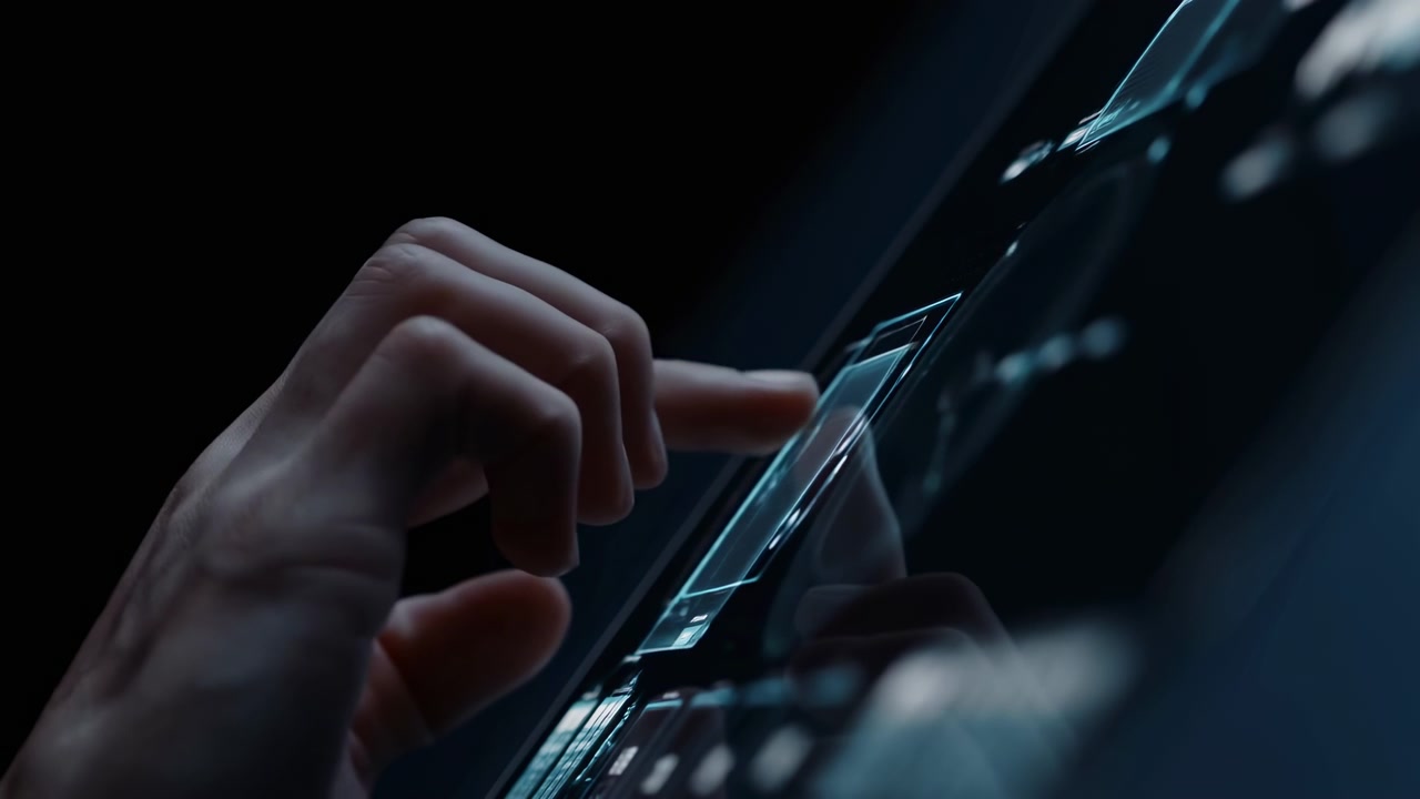 Primo piano di una mano umana che tocca un'interfaccia touchscreen luminosa sul lato sinistro dell'inquadratura, con luce blu fredda, un ambiente scuro e riflessi.