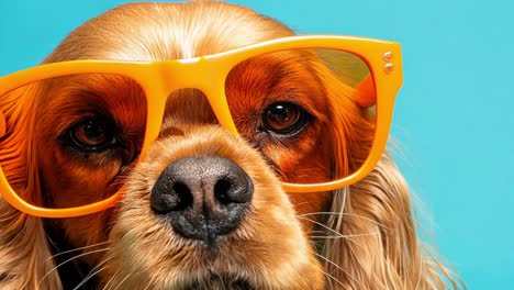 playful cavalier king charles spaniel wearing oversized orange sunglasses, posing with cheerful expression against light blue studio background