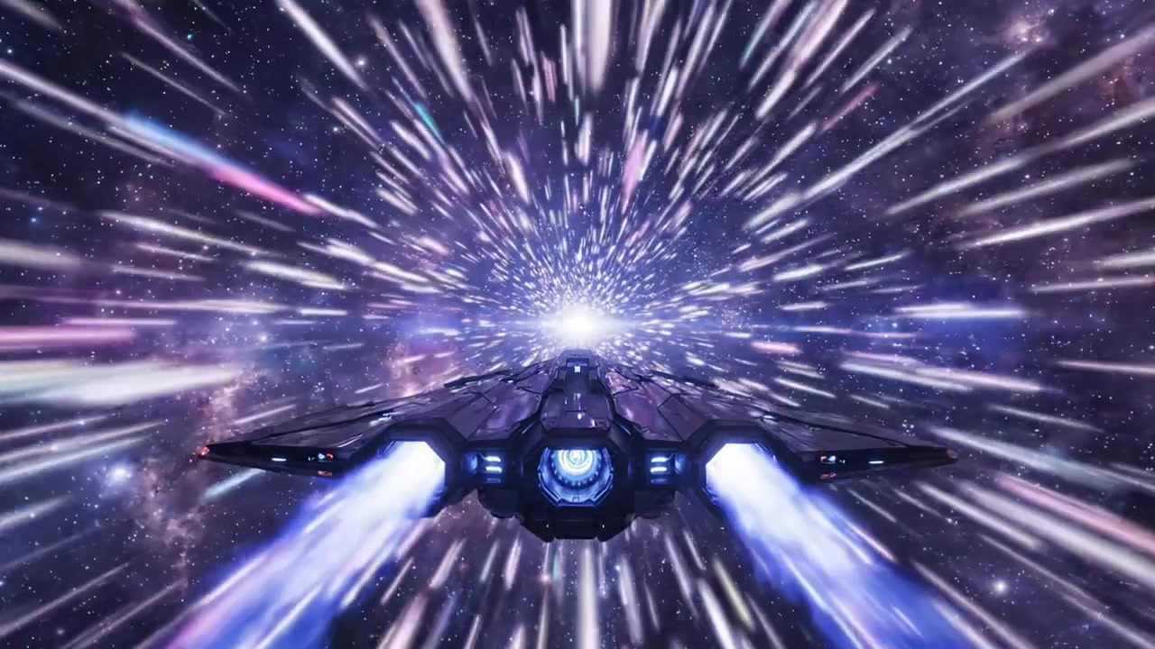 Un'Astronave Futuristica Naviga Attraverso un Portale Iperspaziale, Circondata da Fenomeni Cosmici Colorati e Stelle Scintillanti nell'Esplorazione dello Spazio Profondo