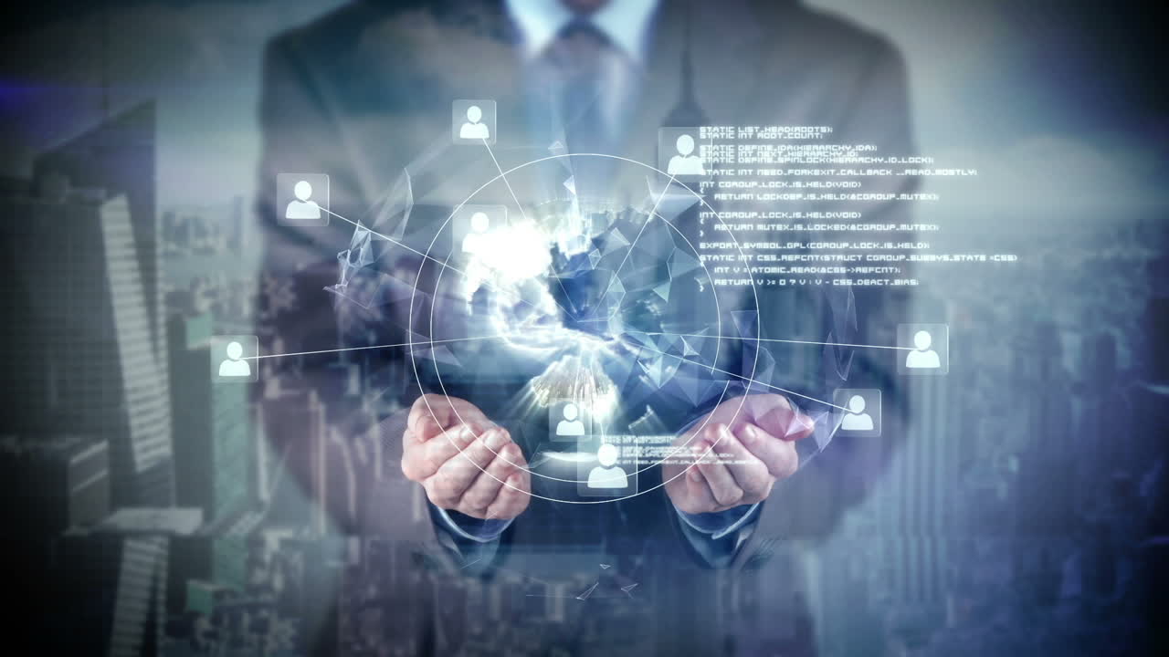 도시 오버레이와 함께 사회적 미디어 개념을 제시하는 사업가