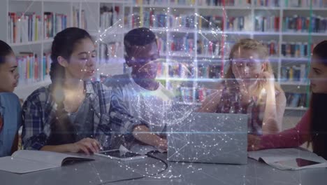 animation of globe, network of connections over diverse school children reading learning at school