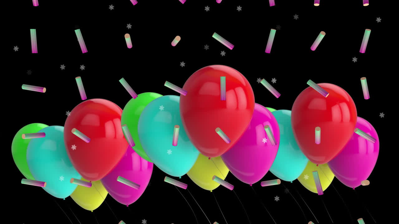 Floating colorful balloons with confetti against black background in animation