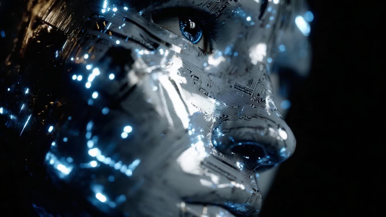 A Futuristic Representation of a Cybernetic Face with Glowing Circuit Patterns and Intense Blue Eyes, Exploring the Intersection of Technology and Humanity in a Digital World