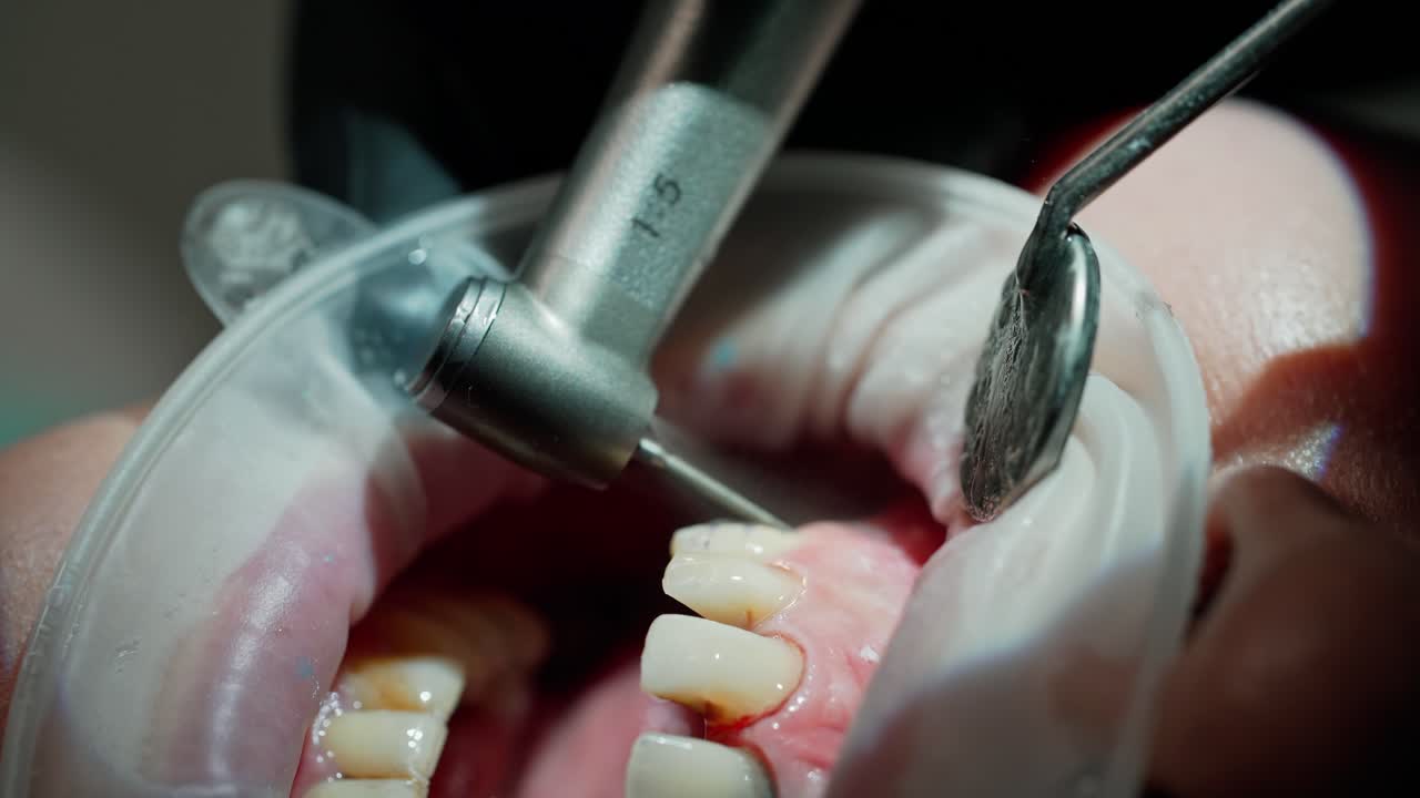 Patient's mouth during tooth treatment. Dentist's hands working with dental tools to treat sick tooth. Stomatology procedure. Close-up.
