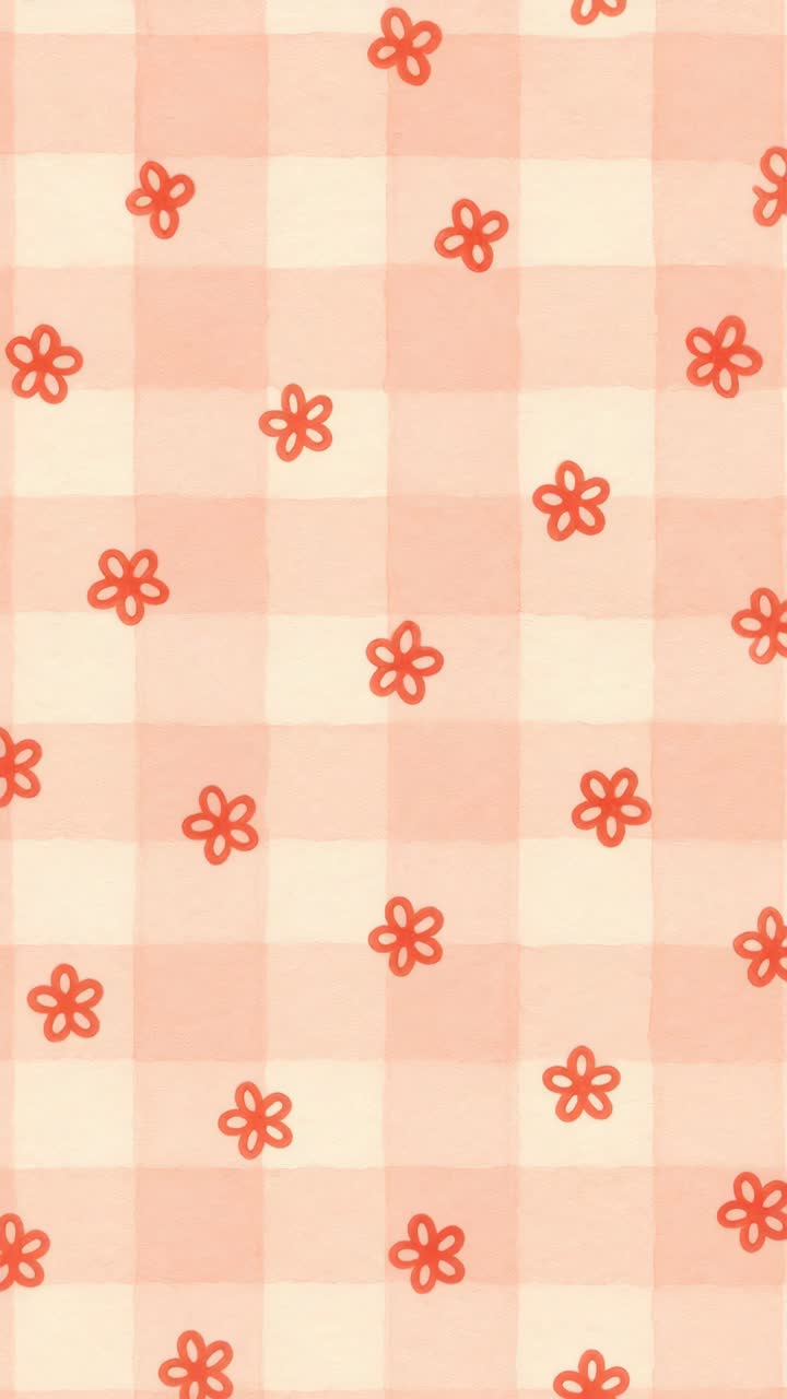 Top-down-perspektiv af et pink ternet mønster med røde blomster, der minder om et legende, gammeldags videospil