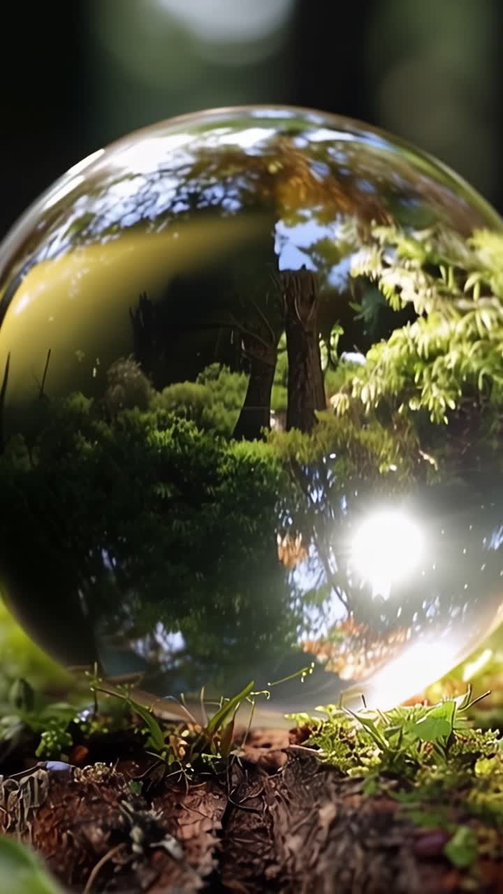 Uma esfera de vidro hipnotizante refletindo uma vegetação vibrante, exibindo a beleza e tranquilidade da natureza, ambientada em um cenário de floresta desfocado que convida à serenidade e ao assombro.