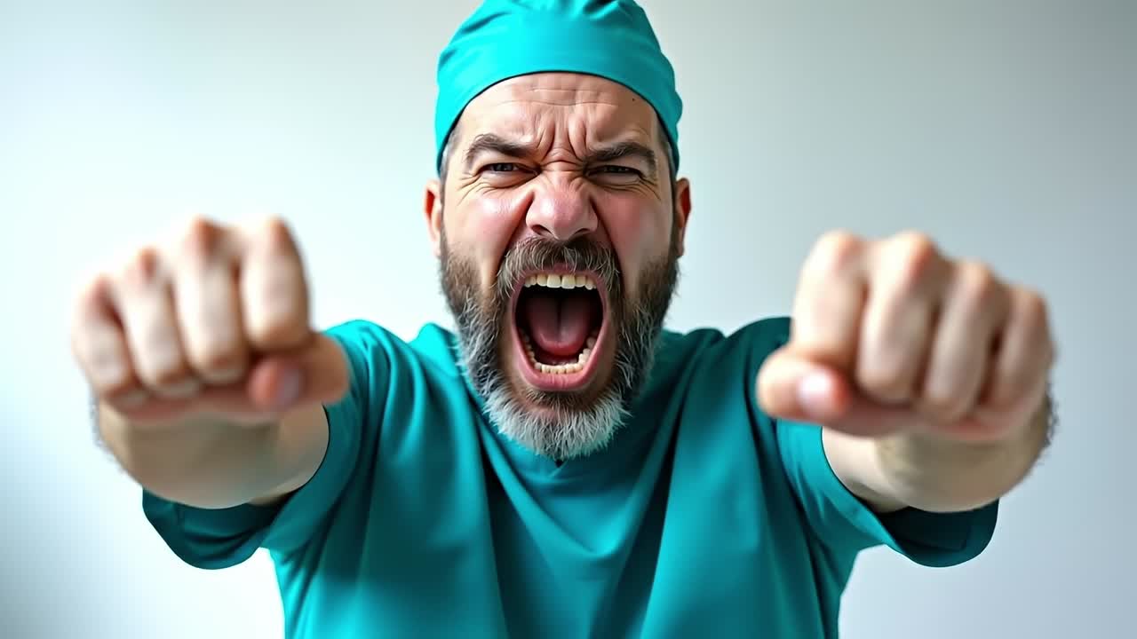 A man in scrubs with his mouth open and his fists clenched