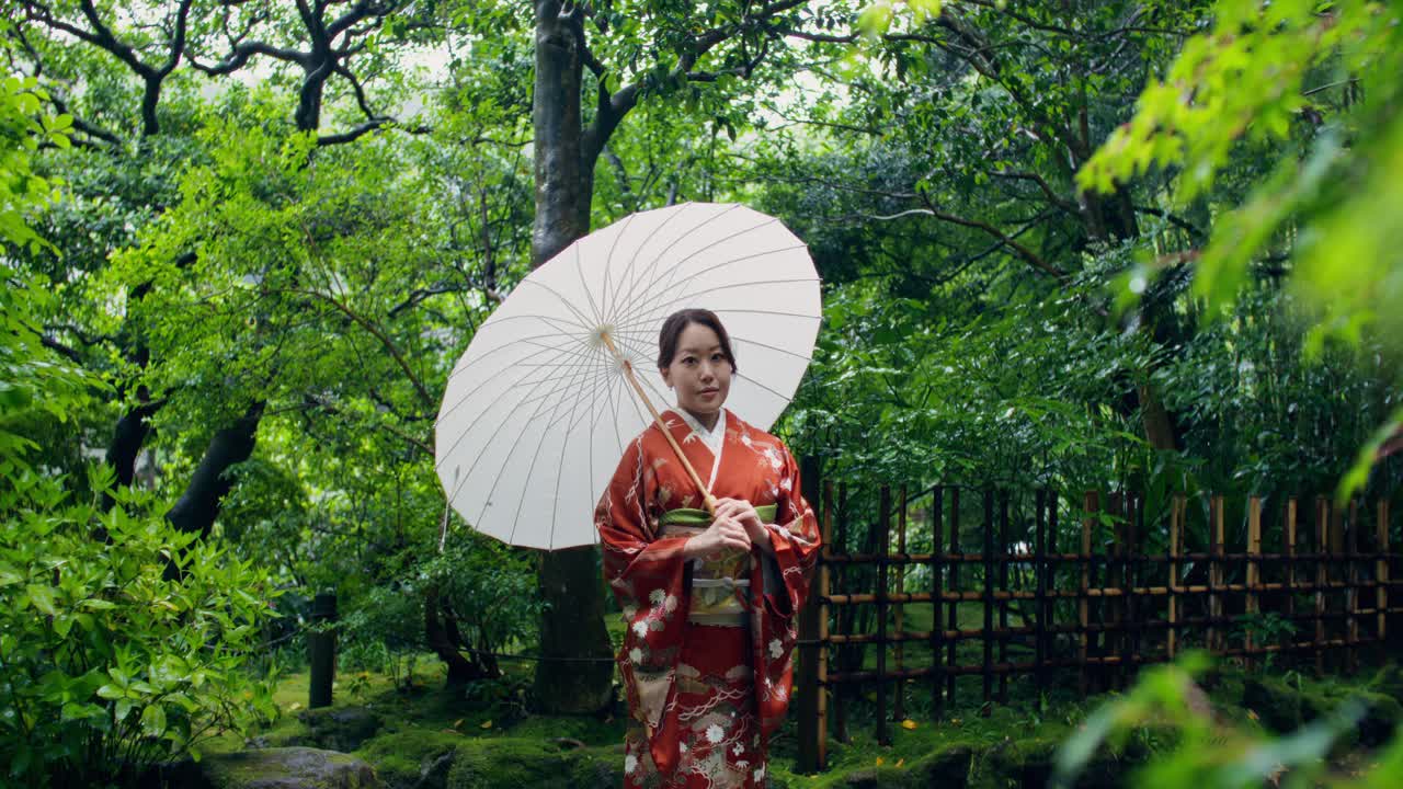 Woman in Kimono with Umbrella in a Japanese Garden